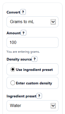 Example inputs for Grams to mL Converter