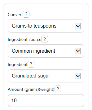 Example inputs for Grams to Teaspoons Converter