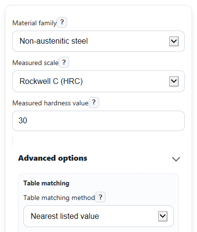 Example inputs for Hardness Conversion Calculator