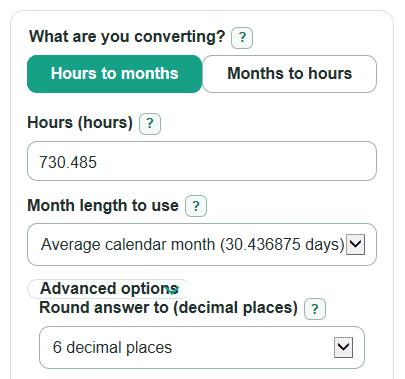 Example inputs for Hours to Months Converter