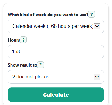 Example inputs for Hours to Weeks Converter