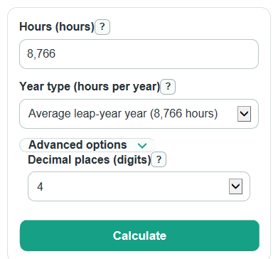 Example inputs for Hours to Years Converter