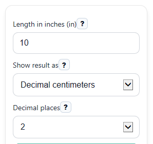 Example inputs for Inches to Centimeters Converter