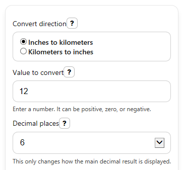 Example inputs for Inches to Kilometers Converter