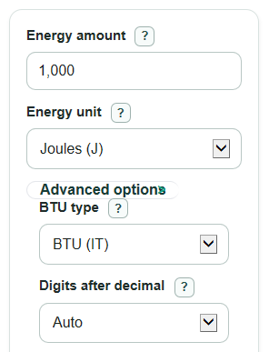 Example inputs for Joules to BTU Converter