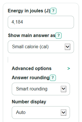Example inputs for Joules to Calories Converter