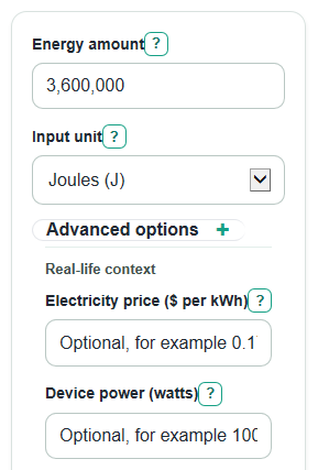 Example inputs for Joules to kWh Converter