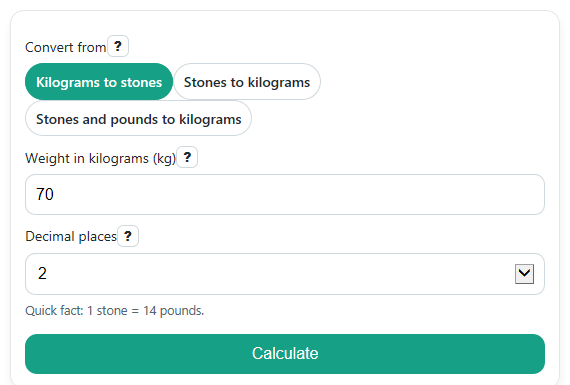 Example inputs for kg to Stones Converter
