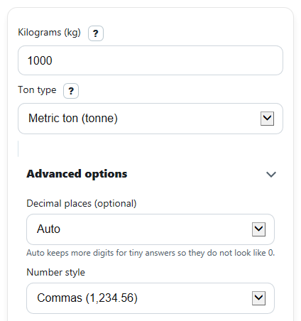Example inputs for Kilograms to Tons Converter