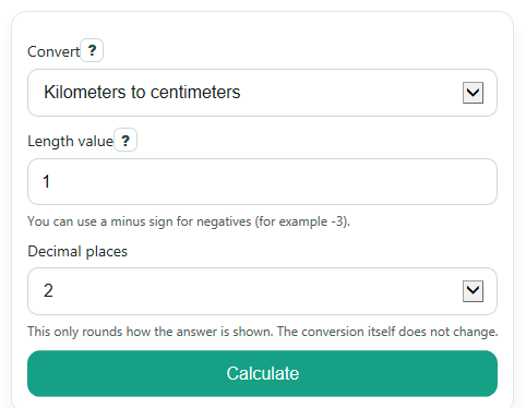 Example inputs for Kilometers to Centimeters Converter