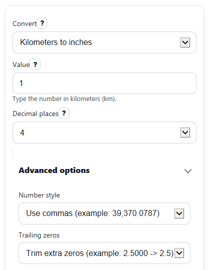 Example inputs for Kilometers to Inches Converter