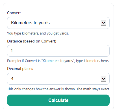 Example inputs for Kilometers to Yards Converter