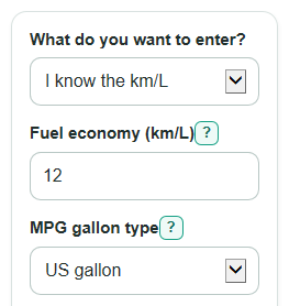 Example inputs for KM/L to MPG Converter