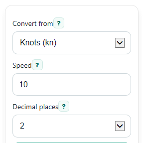 Example inputs for Knots to kph Converter
