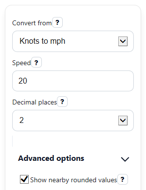 Example inputs for Knots to mph Converter