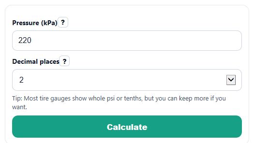 Example inputs for kPa to PSI Converter