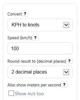 Example inputs for KPH to Knots Converter