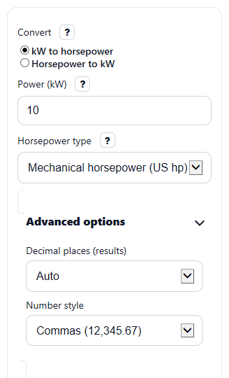 Example inputs for kW to Horsepower Converter