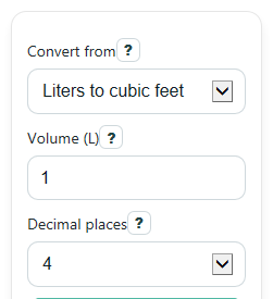 Example inputs for Liters to Cubic Feet Converter