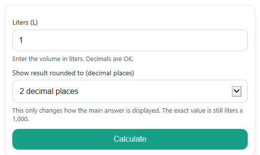 Example inputs for Liters to mL Converter