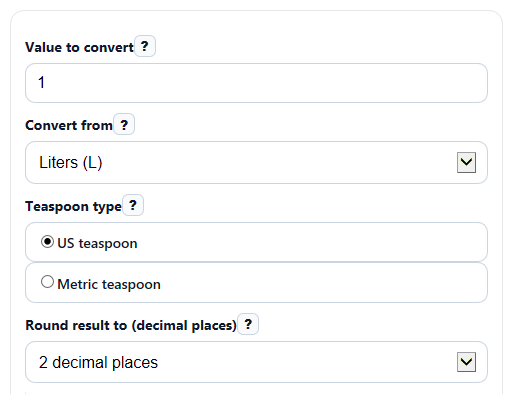Example inputs for Liters to Teaspoons Converter