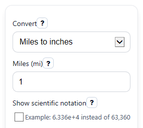 Example inputs for Miles to Inches Converter