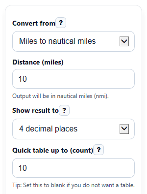 Example inputs for Miles to Nautical Miles Converter