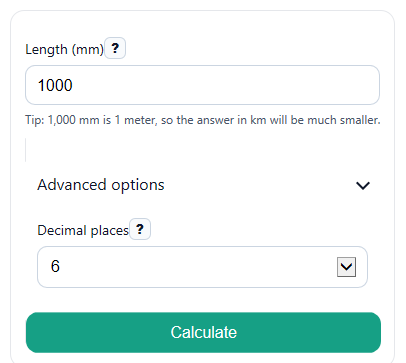 Example inputs for Millimeters to Kilometers Converter