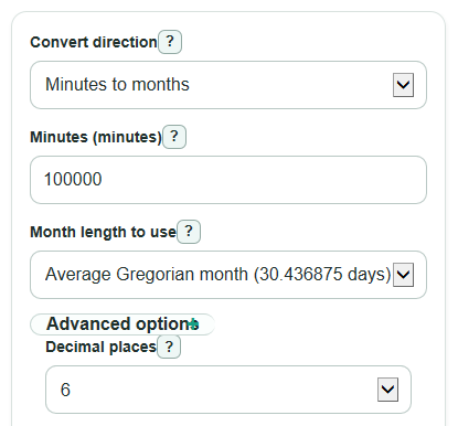Example inputs for Minutes to Months Converter