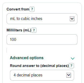 Example inputs for mL to Cubic Inches Converter