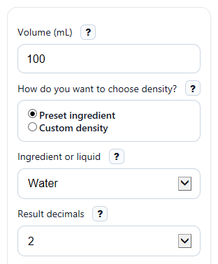 Example inputs for mL to Grams Converter