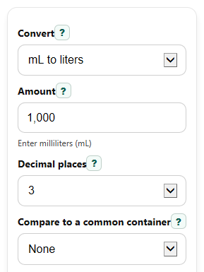 Example inputs for mL to Liters Converter