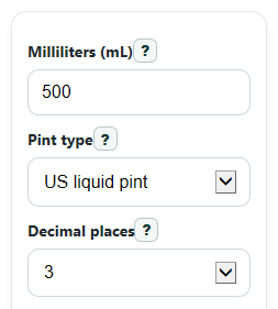 Example inputs for mL to Pints Converter