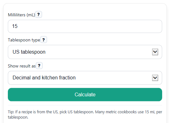 Example inputs for mL to Tablespoons Converter