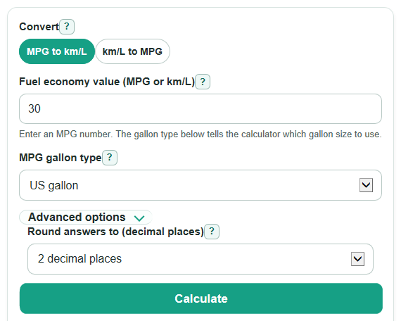 Example inputs for MPG to KM/L Converter