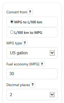 Example inputs for MPG to L/100 km Converter