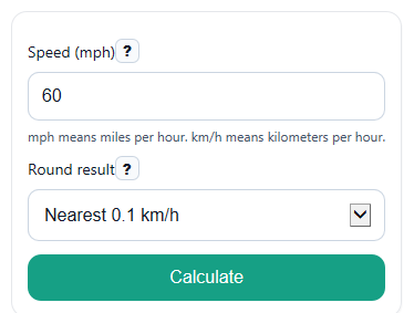 Example inputs for MPH to KMH Converter