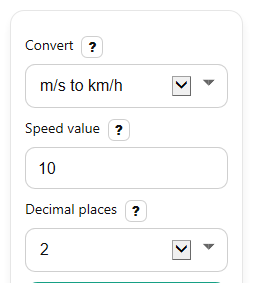 Example inputs for m/s to km/h Converter
