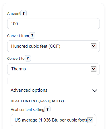 Example inputs for Natural Gas Converter