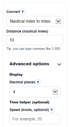 Example inputs for Nautical Miles to Miles Converter