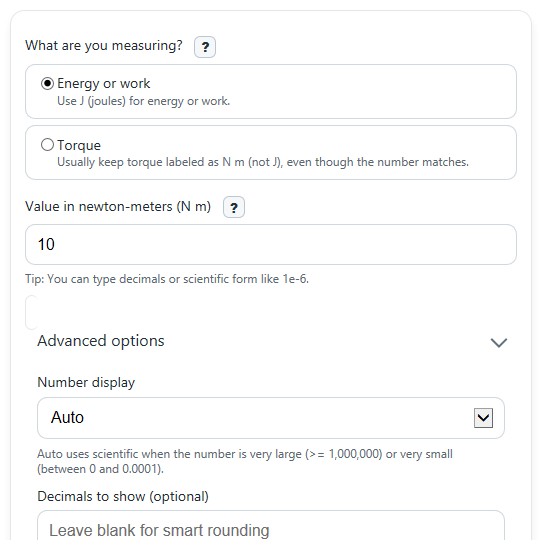 Example inputs for Nm to Joules Calculator