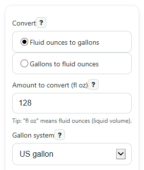 Example inputs for Ounces to Gallons Converter