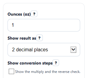 Example inputs for Ounces to Grams Converter