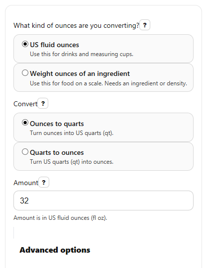 Example inputs for Ounces to Quarts Converter