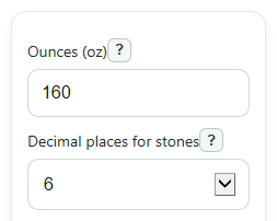 Example inputs for Ounces to Stones Converter