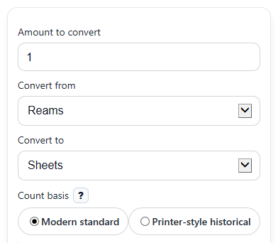 Example inputs for Paper Quantity Converter