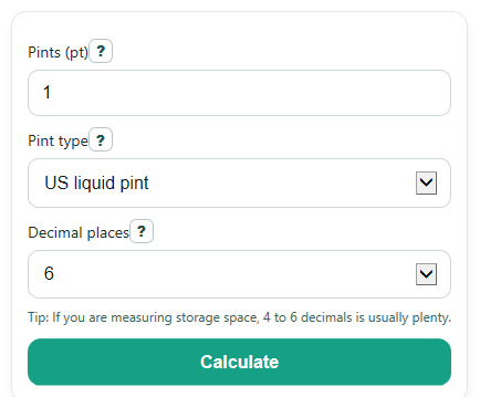 Pints Objects Example Pints to Cubic Feet Converter