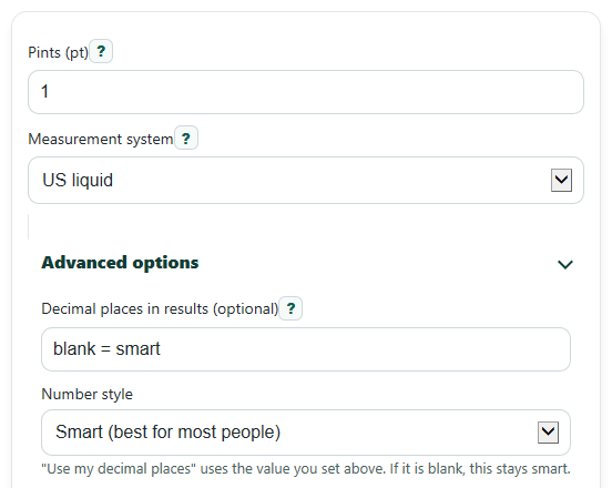 Example inputs for Pints to Cups Converter