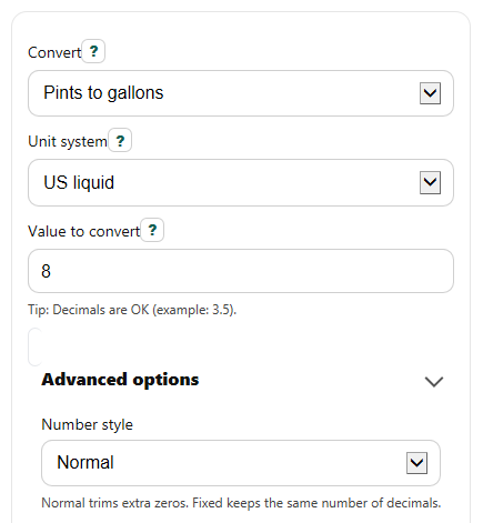 Example inputs for Pints to Gallons Converter