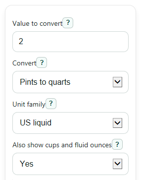 Example inputs for Pints to Quarts Converter